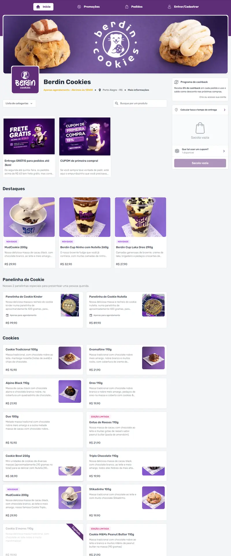 Topo do cardápio digital da Berdin Cookies: capa com cookies, banners de frete grátis e cupom de primeira compra, programa de cashback, destaques com tags Novidade e lista de cookies com peso e preço