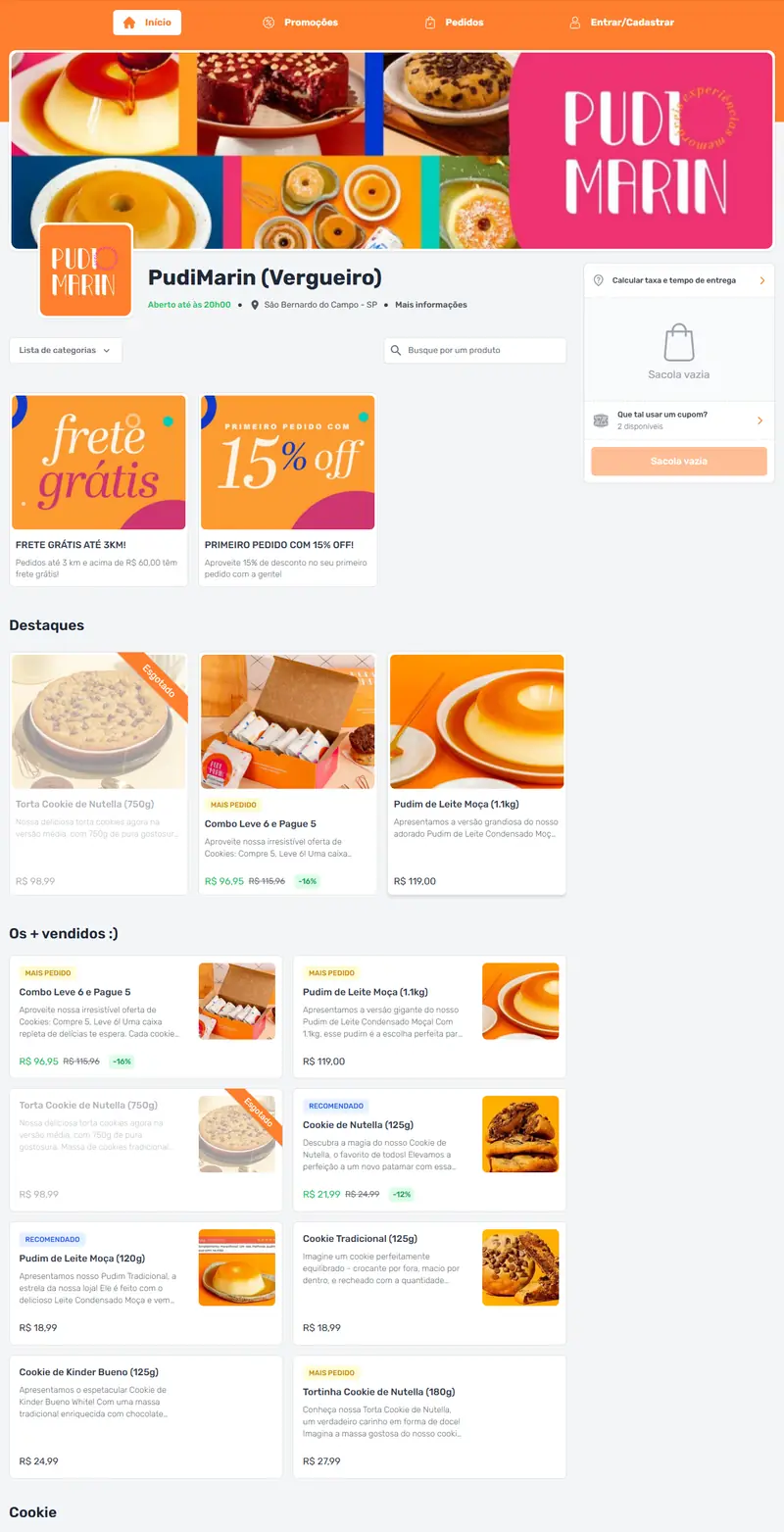 Topo do cardápio digital da PudiMarin: capa colorida com pudins e cookies, banners de frete grátis e 15% off no primeiro pedido, destaques com combo com desconto, produtos esgotados sinalizados e tags Mais pedido