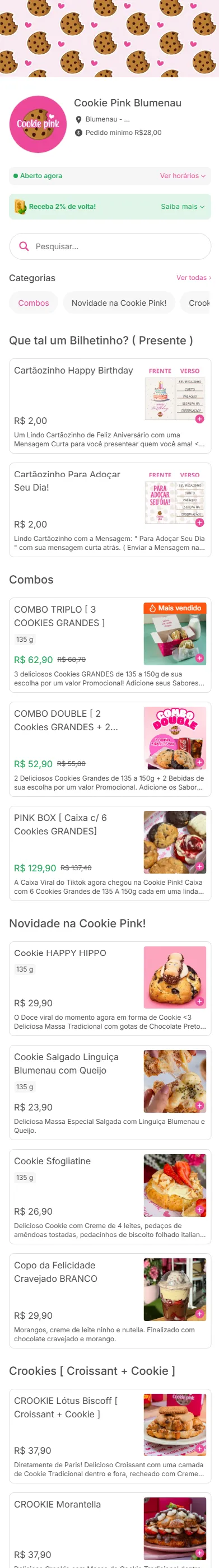 Cardápio digital da Cookie Pink no celular: cashback no topo, categorias, combos com preço cortado e novidades