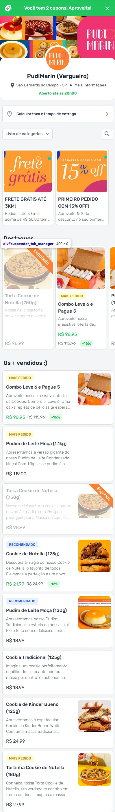 Cardápio digital da PudiMarin no celular: capa com pudins, banners de frete grátis e 15% off no primeiro pedido, combos e tags Mais pedido